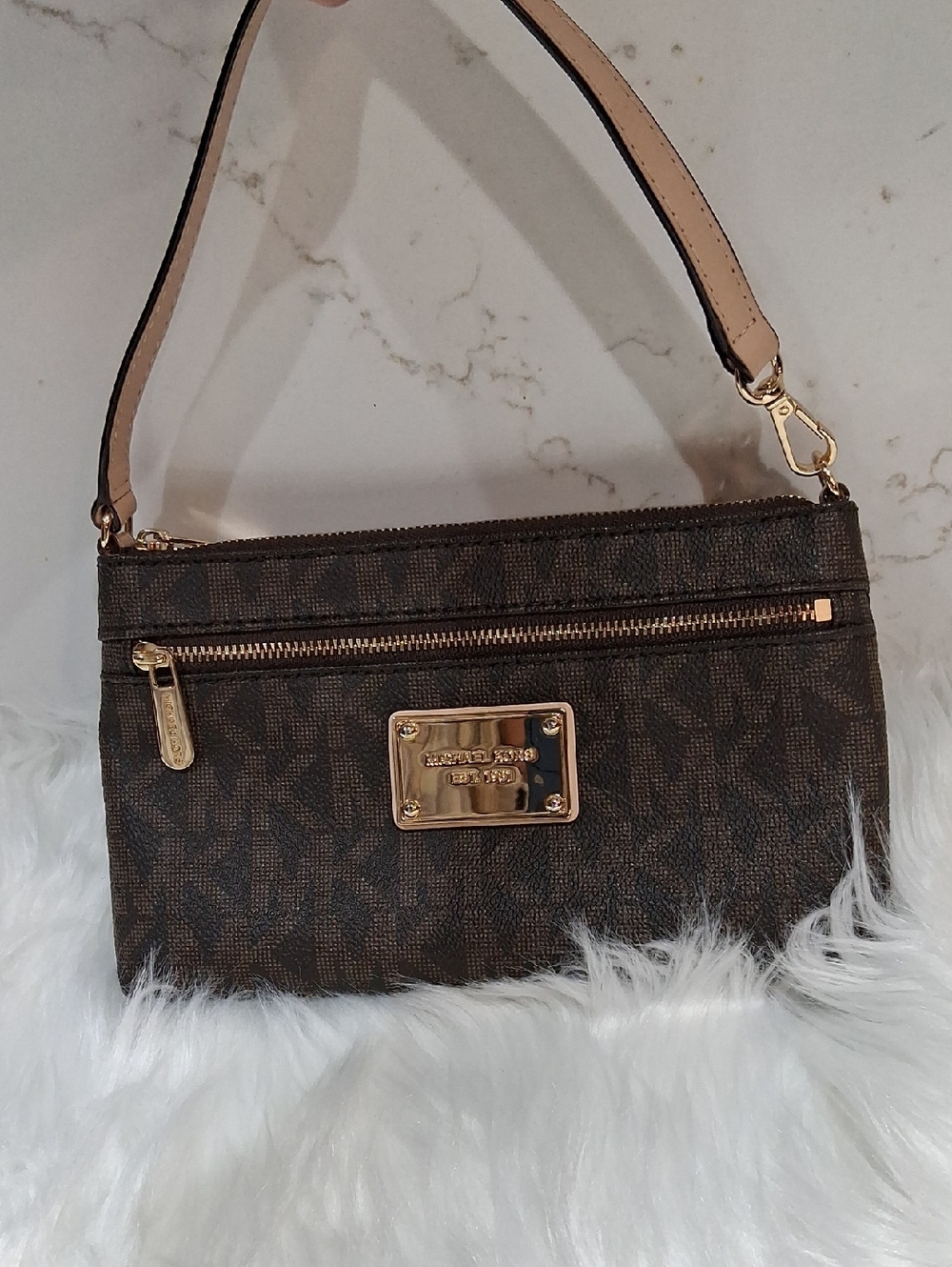 Michael Kors Dark Brown Logo Wristlet with Gold Hardware and Tan Strap